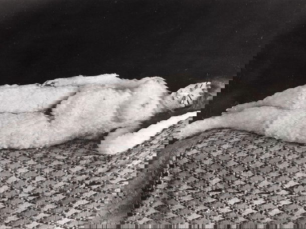 Black and white photograph of a life-sized articulated figure reclining on a woven surface, posed in classical Venus pose with arms raised above head.