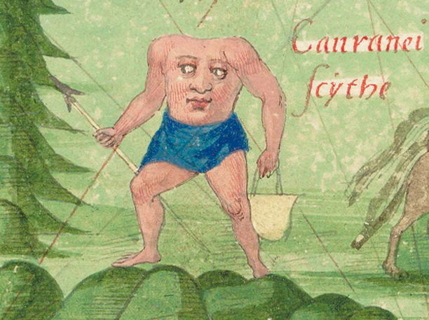 Illuminated manuscript illustration of a headless humanoid figure with facial features on its torso, holding a spear.