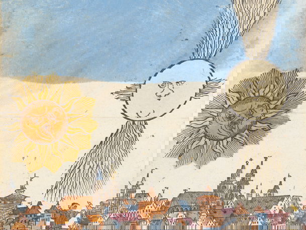 Two celestial faces hover above a cityscape with church spires and tiled rooftops - an orange sun with rays and a pale moon trailing streaks across the sky.