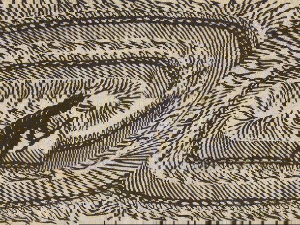 Woodcut print depicting a horned devil figure wielding a scythe while mowing a circular pattern through a field.