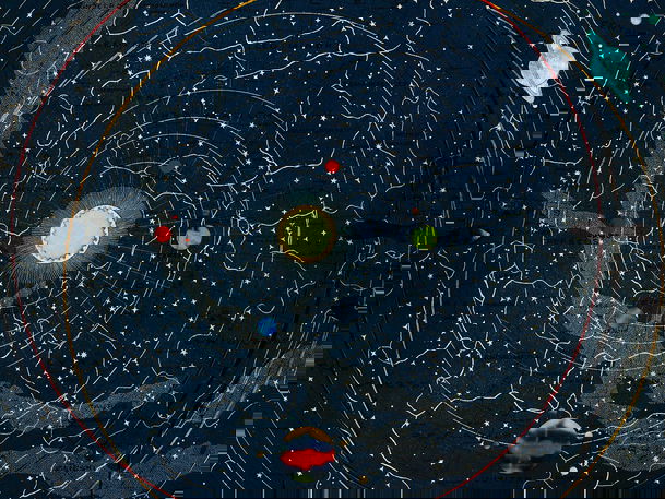 Astronomical illustration showing a detailed star map with zodiac constellations and the solar system's orbital paths, highlighted by colorful planets against a dark blue starry background