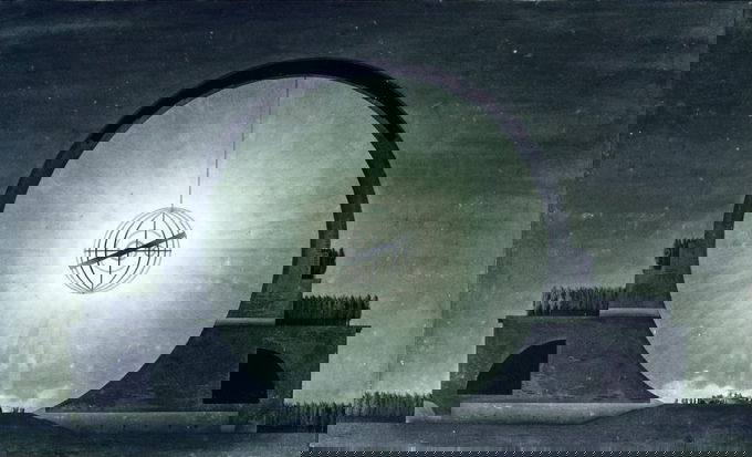 Architectural rendering of a massive hollow sphere with luminous interior, flanked by symmetrical colonnaded structures with crowds of small figures at the base.