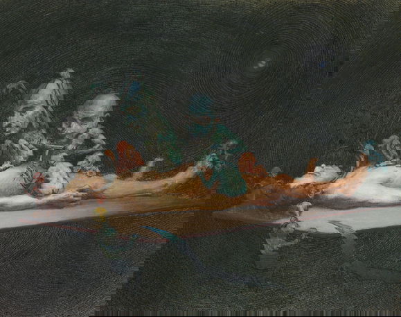 Painting of a reclining human figure surrounded by eerie skeletal creatures, with one injecting the figure's side, against a dark vortex-like background with a white glowing spot