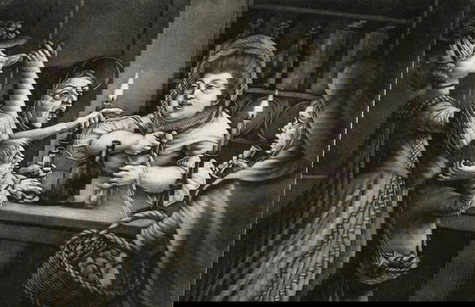 Monochromatic drawing depicting a humorous scene of exaggerated figures in a tavern drinking and talking loudly, all in caricature style