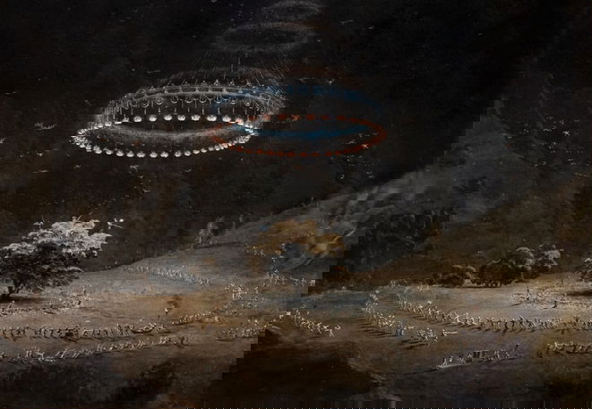 Nocturnal scene showing a circular gathering of small figures around a central tree, beneath an ornate hovering disc-shaped object with hanging lights against a dark sky.