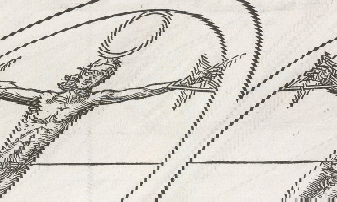 Black and white drawing of a human figure with arms extended, holding two pentagrams, with an alchemical symbol at the navel and a halo around the head, against an arched backdrop