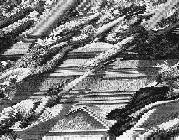 A person in ornate dress is dangled from a window as other watch